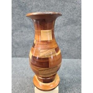 Vintage Handmade  Segmented Inlaid Patchwork Mahogany turned Wood Vase 11.5"x5"